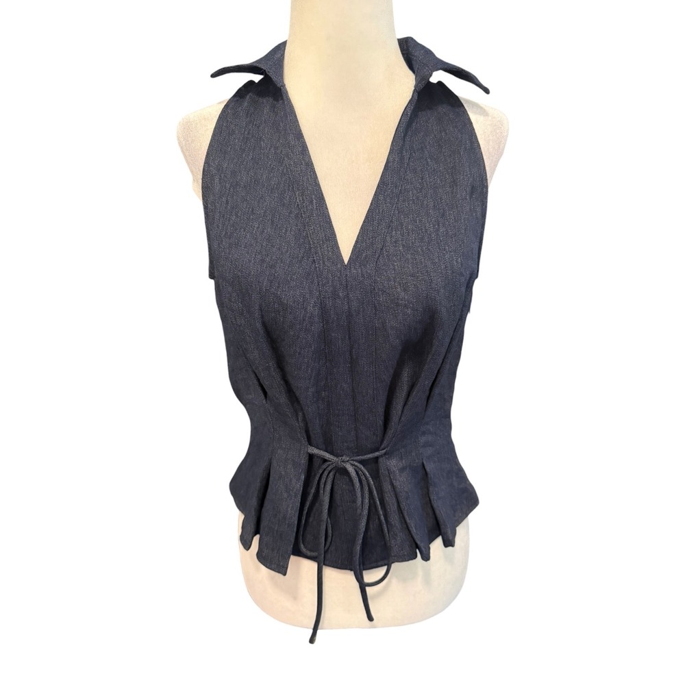 OGL Navy Denim Linen Halter Neck Peplum Top V-Neck Small NWT 250506-2360W23